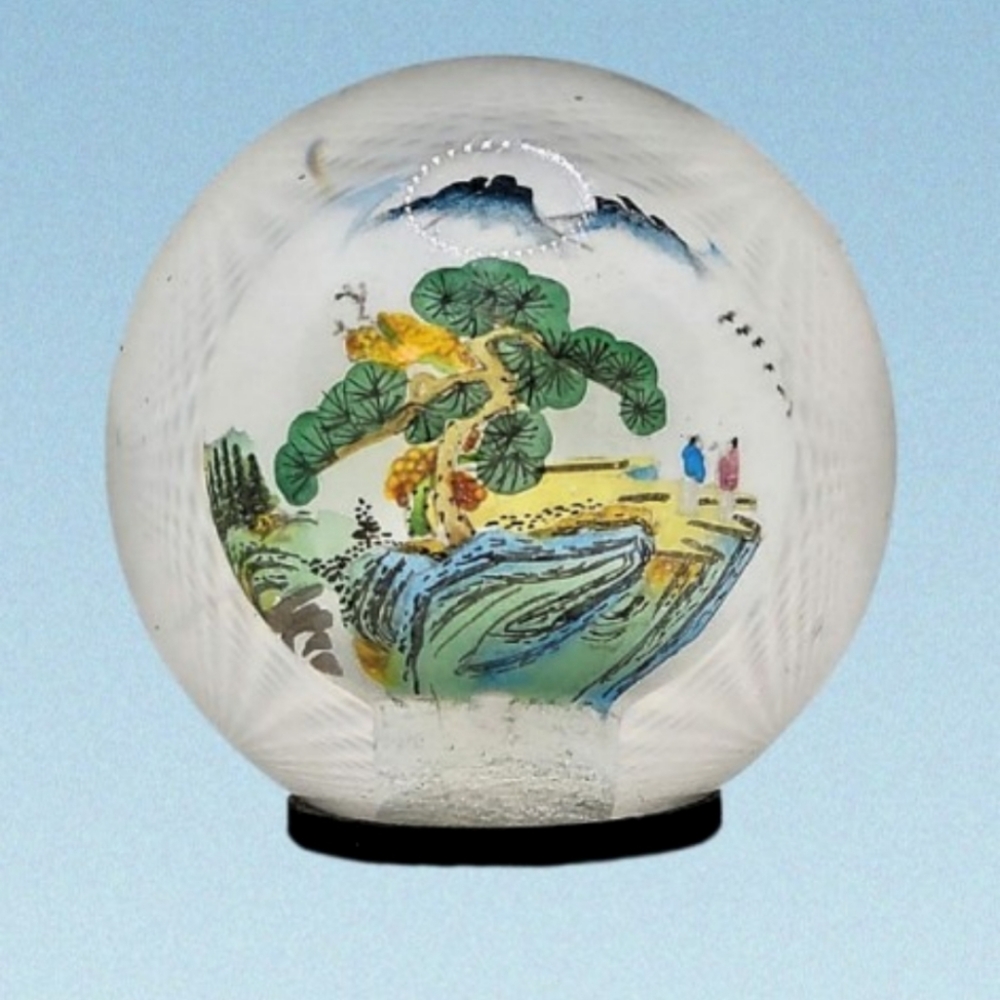Li Bien Reverse Asian Hand Painted Glass Orb Paperweight Traditional Landscape